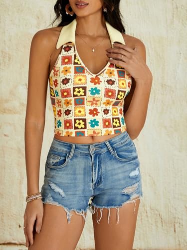 Verdusa Women's Floral Print Backless Halter V Neck Slim Fitted Crop Top Tanks4