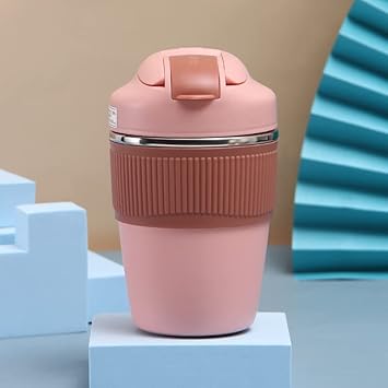 Bhaguji 350ml Travel Mug 2in1 Double Wall Vacuum Insulation Coffee Cup Reusable Insulated Leak Proof Tumbler with Straw and Flip Lid for Coffee Tea and Cold Drinks for Traveling Office-Red