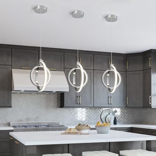 Image of Modern LED Chandelier Chrome Ring Pendant Light Fixtures 4000K Dimmable Height Adjustable Pendant Lighting for Dining Room Kitchen Island Bedroom Living Room Foyer(2-Pack)