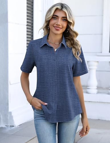 Image of Zeagoo Button Down Shirts for Women Short Sleeve Collared Tops Dressy Casual V Neck Blouses