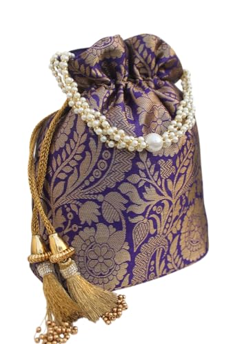 Image of MILAN'S CREATION Banarasi Silk Brocade Potli Bag Purse With Base Drawstring Women's handbag with Pearl Handle & Tassel Weddings