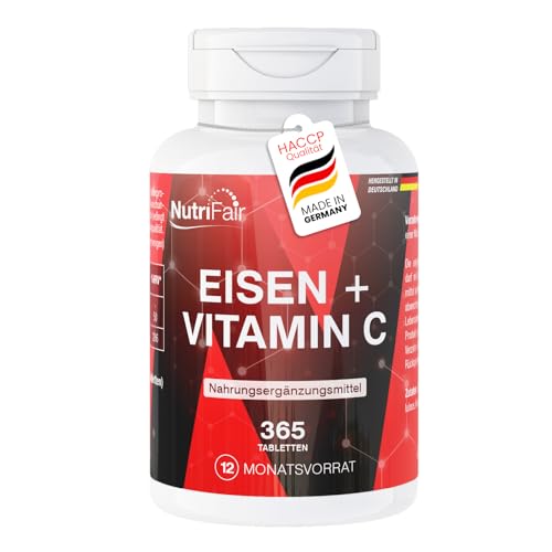 Eisen + Vitamin C - 365 Tabletten - Eisenbisglycinat mit natürlichem Vitamin C aus Acerola - Hochdosiert - 100% Vegan – Deutsche Produktion & Laborprüfung - NutriFair | Premium & Fair
