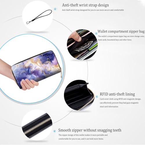 Bxgolkgd Womens Wallet, RFID Blocking Leather Wallet,Large Capacity Wallet Credit Card Holder PU Leather Ladies Clutch with Zipper Coin Pocket - Blue Gold Marble4