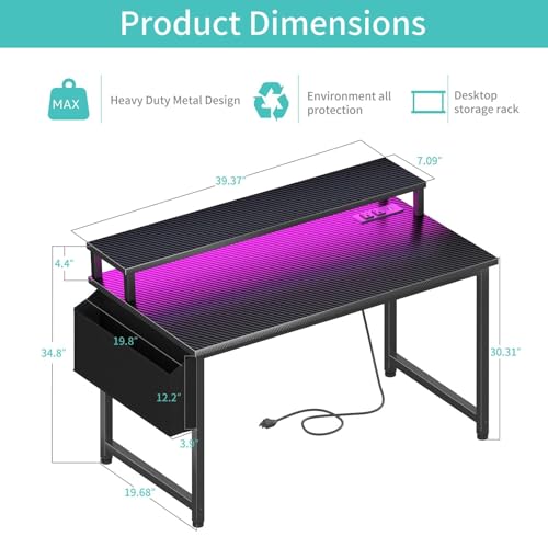 Lufeiya Gaming Desk with Power Outlets and LED Lights, 40 Inch Gamer Desk Table with Charging Station, Home Office Computer Desks with Monitor, Black