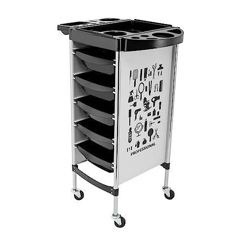 Foto von Rollwagen Friseurwagen|Salon Rollwagen mit 5 Schubladen Schubladen 52 x 36 x 90cm| Faltbare Gerätehalter |SPA Friseurwagen für Stylist Friseur Haarstyling (Weiß)