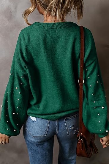 Image of Pearl Sweater for Women Lantern Sleeve Drop Shoulder Crewneck Sweatshirt Knit Chunky Pullover Sweaters with Pearls