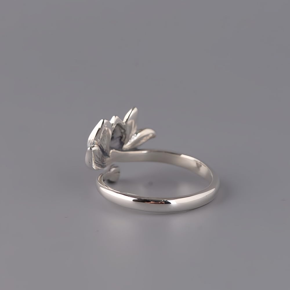 Bague fleur de lotus émail en argent sterling 925 pour femmes filles ouverte réglable