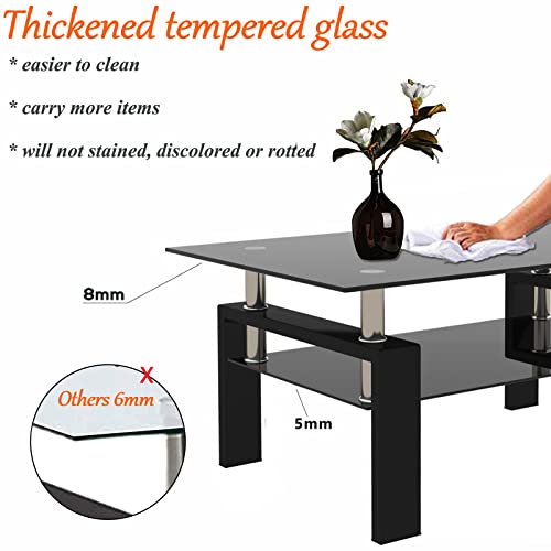 Glass Coffee Table For Living Room, Mordern End Table 2 Layer Sofa Center Side Tables With Rectangle Tempered Glass Top And Black Metal Leg Home Office #TOP3
