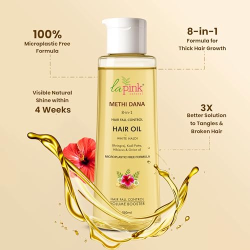 La Pink Methi Dana 8-in-1 Hair Oil For Hair Growth & Thickness | Reduces Hair Fall, Dandruff & Baldness | Enriched with Hibiscus, Bhringraj, Indian Bay Leaf & Onion | 150ml
