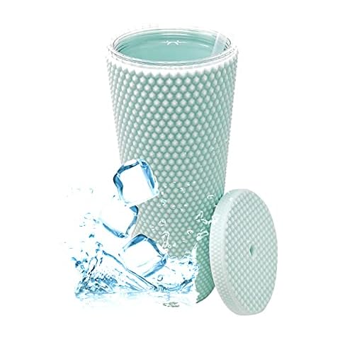 Studded Cup Tumbler Straw Lid - Plastic Double Walled Cold Cup for iced Coffee, Water, Slush or Smoothies, Your Home Cinema Cup (24 OZ / 700ml, Matte Mint) Cover
