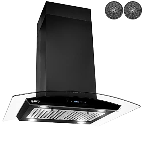 AKDY 30 in. 343 CFM Convertible Kitchen Island Mount Range Hood in Black Painted Stainless Steel with Tempered Glass