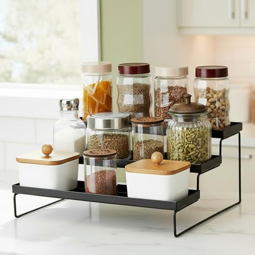 Image of amazon basics 3-Tier Kitchen Spice Rack Organizer | Rust-Free Iron Multi-Purpose Storage Shelf | 31 L x 30 W x 13 H cm