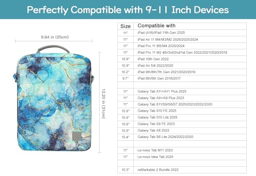 Image of Dadanism 9-11 Inch Tablet Sleeve Bag Carrying Case with Shoulder Strap for iPad (A16) 11 inch, iPad 10th Gen 10.9 inch, iPad Air M4 /Pro M5 11 inch, iPad 9 /8 /7th 10.2 inch, Galaxy Tab A11+ Plus 11 inch, Marble Blue