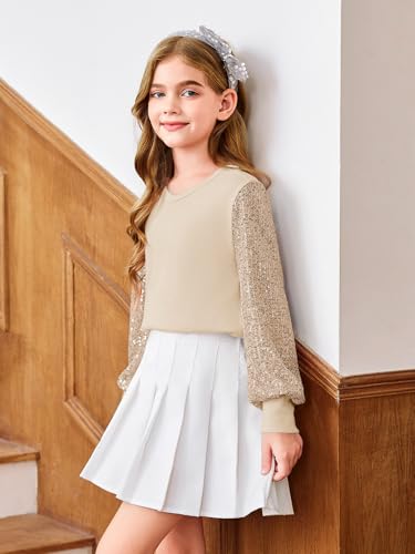 Image of Haloumoning Girls Sequin Shirts Kids Cute Long Sleeve V Neck Tops 5-14 Years