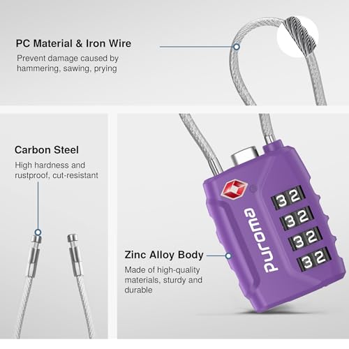Image of Puroma TSA Approved Luggage Lock, 4 Digit Combination Travel Locks Resettable Code Lock with Zinc Alloy Body for Suitcase, Toolbox, Backpack, Bag, Gym Locker, Basic Purple Dark, secure
