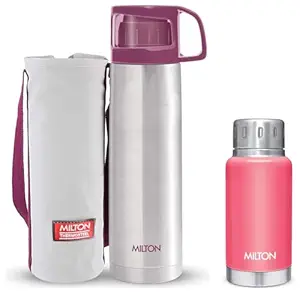 Milton Glassy 750 Thermosteel Water Bottle with Drinking Cup Lid, 750 ml, Pink & Milton Elfin Thermosteel Hot and Cold Water Bottle, 160 ml, Pink