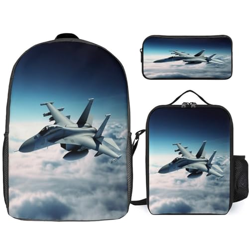 Printed Backpack With Lunch Pack Storage Box Case Aircraft Fighter Jets 3pcs Lightweight Travel Backpack