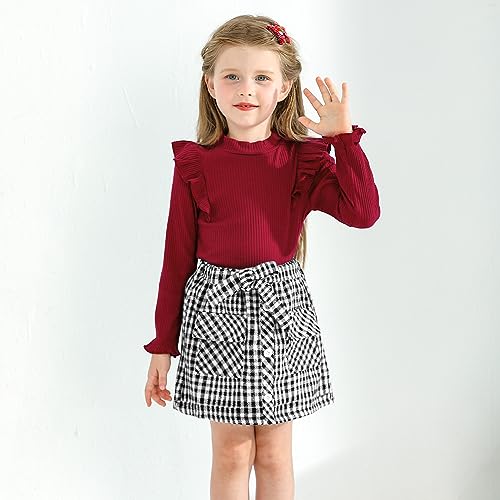 Image of Weixinbuy Toddler Girl Fall Winter Clothes Solid Long Sleeve Ribbed T-Shirt Knit Tops Plaid Button Mini Skirts Set Outfits