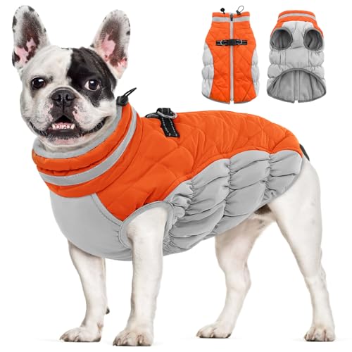Image of AOFITEE Dog Coat, Warm Dog Jackets for Small Dogs, Dogs Winter Coat with Harness Built in, Reflective Pet Winter Jacket, Waterproof Windproof Puppy Puffer Jacket Fleece Vest, Orange XS