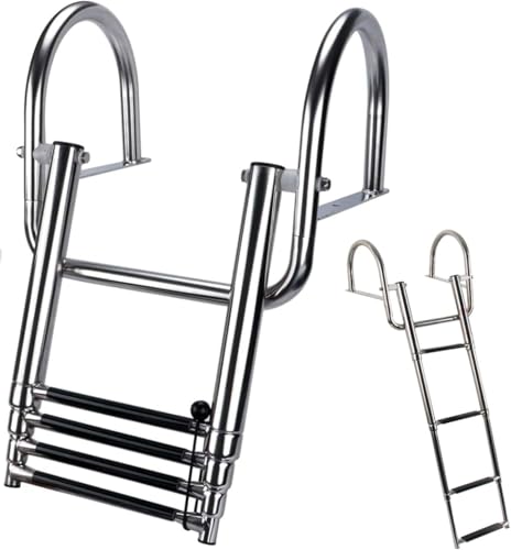 Escalera de baño de 4 peldaños, plegable, para barcos y piscinas, de acero inoxidable, telescópica, con asas y pedal ancho para marina
