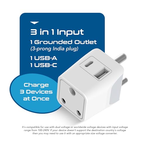 Image of Ceptics 3 in 1 Travel Adapter with USB C, Type D Multiple Plug Socket for Laptops, Phones - White - 1 Pack