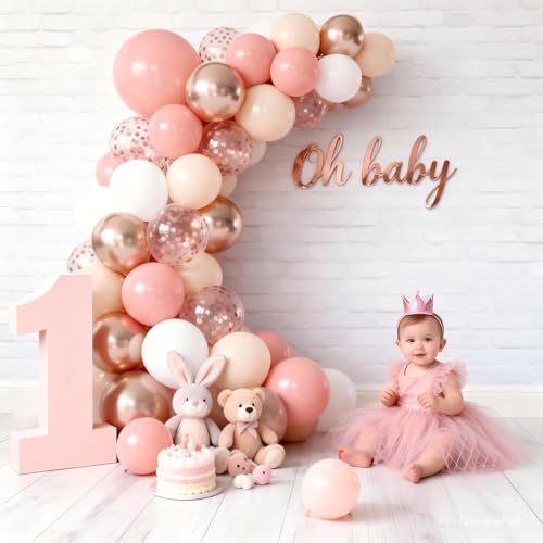 Image of Retro Blush Pink Balloons, Light Pink White Beige Gold Confetti, Party