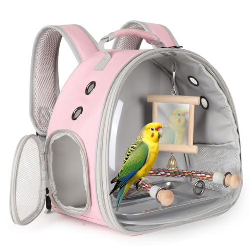 Image of Portable Parrot Travel Cage Carrier with Mirror Standing Toy Set Small Bird Parakeet Bag with Standing Perch Bird Carry Transport Bag (Pink, Backpack /Mirror)