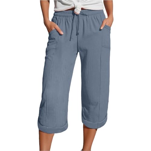 Capris Pants for Women Cotton Linen Casual Summer 2025 Wide Leg Loose Comfy Drawstring Elastic Waist Cropped Trousers A04-Blue XL