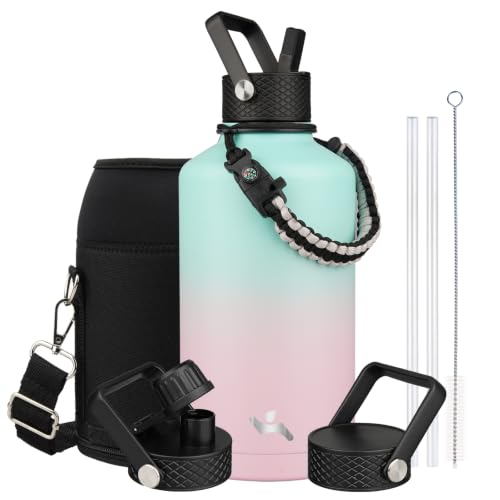 Image of Konokyo Insulated Water Bottle with Straw,87 oz 3 Lids Water Jug with Carrying Bag,Paracord Handle,Double Wall Vacuum Stainless Steel Metal Flask,Gum