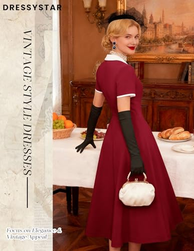 Image of Dressystar Women's 1950s Vintage Swing Dress Short Sleeve V Neck A Line Retro Rockabilly Cocktail Party Dresses With Pockets