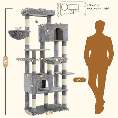 Image of Heybly Cat Tree, 76-Inch Tall Heavy Duty Cat Tower for Big Cats HCT039W | Multi-Level Large Cat Furniture with Extra Wide Baseboard, 2 Condos & 2 Hammocks, 10 Scratching Posts, Light Gray
