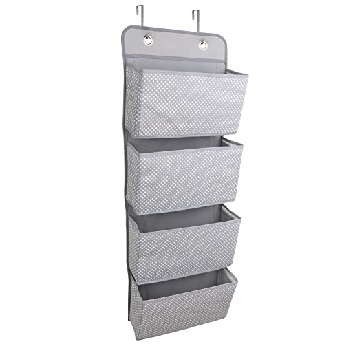 ManGotree Organiseur de rangement à suspendre au-dessus de la porte, organiseur de rangement pour armoire, 4 poches de rangement à suspendre avec 2 crochets, pliable (gris à pois)