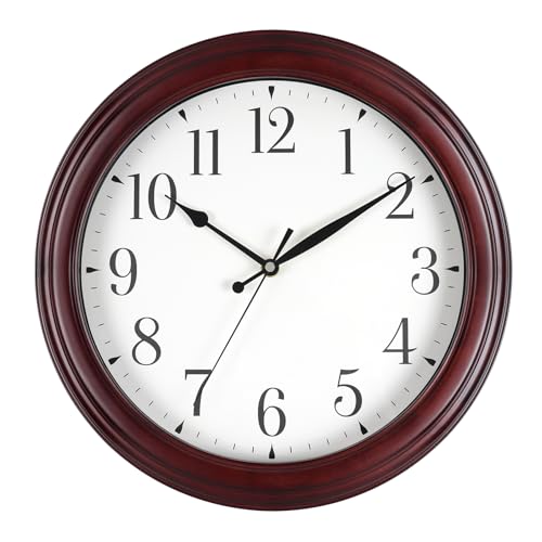 Aurowit Wall Clock Wood 14 Inch Round Wooden Wall Clocks Battery Operated Non Ticking Analog Rustic Farmhouse Clock for Kitchen Living Room Bedroom