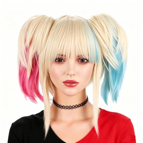 KiyaCos Short Harley Blonde Blue Pink Anime Cosplay Costume Wigs Fashion Women Anti-hero Character Wig Detachable Ponytails
