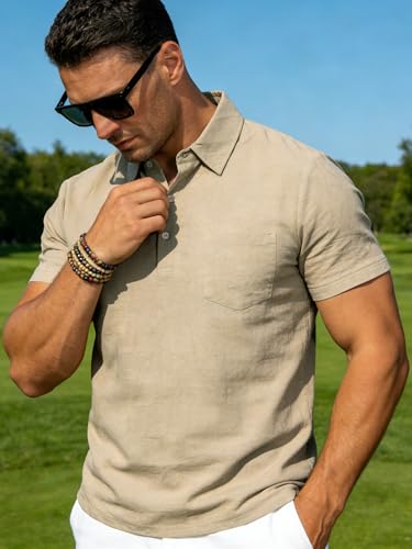 Camisas Polo para Hombre Manga Corta para Golf de Lino Casual Verano Cuello Clásico con Bolsillo miniatura 3