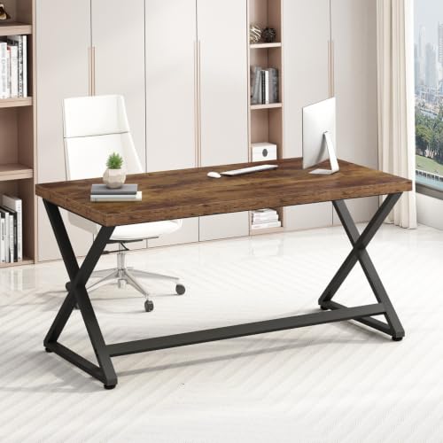 IBF Rustic Computer Desk, Industrial 47” Home Office Desk, Farmhouse Wood Metal Work Desk for Writing Study, Vintage Minimalist Executive Workstation PC Gaming Table in Bedroom, Rustic Brown