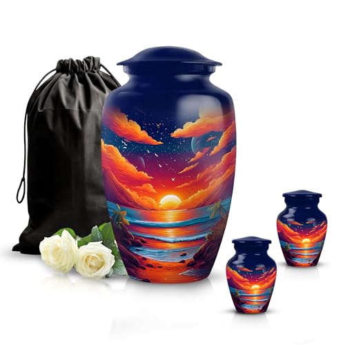 Image of Beach Urn - Memorial Ashes - Combo 2 - Large with 3 Inch Pack of 2 - Large Funeral Adult - Small Urns for Human Ashes - Decorative Urns for Adult Male & Female