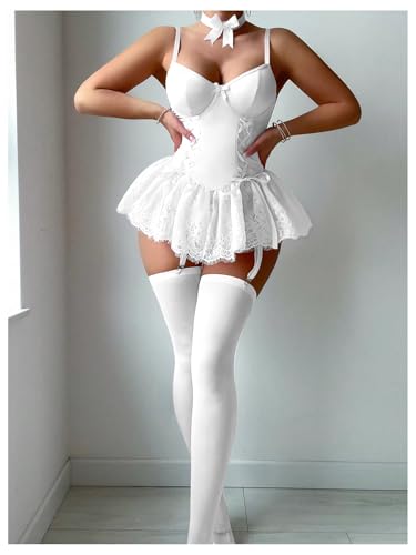 Image of SHENHE Women's Lace Babydoll Garter Lingerie Dress with Thong and Stockings Set