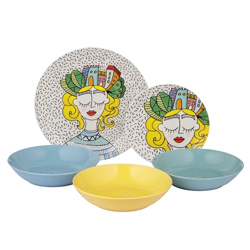 Baroni Home Juego de 18 Platos de porcelana y gres, Vajilla para 6 personas, Set Completo, Conjunto de Platos planos, hondos y platillos para postre (Fantasia City Girl)