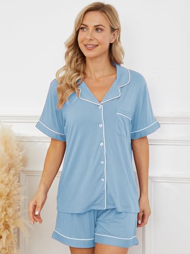 Image of Womens Pajama Sets Short Sleeve Sleepwear Soft Button Down Nightwear Lounge Pj Set XS-XXL