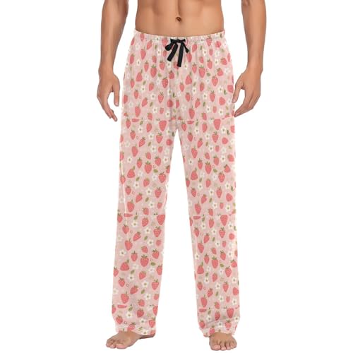 Men’s Pink Strawberry Pattern Pajama Pants with Pockets, Comfortable Lounge Sleep Bottoms#211