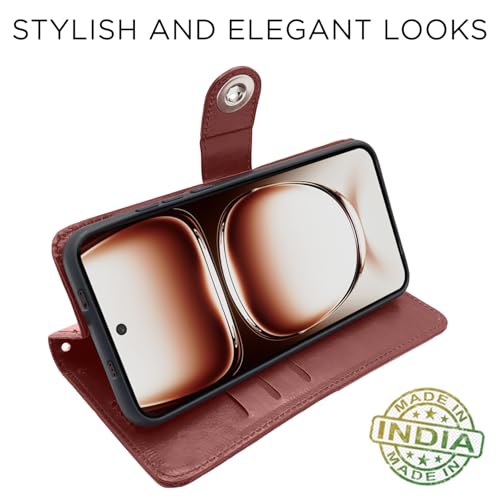 Image of Pikkme Flip Cover Leather Finish | Inside TPU with Card Pockets | Wallet Stand and Shock Proof | Complete Protection Button Flip Case for Oppo Reno 12 Pro 5G (Brown)