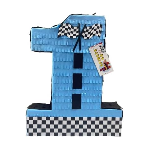 APINATA4U Number One Race Car Pinata, Blue Checkered Flag Pinata for First Birthday, Racing Theme Party Supplies, 1st Birthday Pinata for Boys, Motorsport Pinata, Race Track Decor, Kids Car Pinata Cover