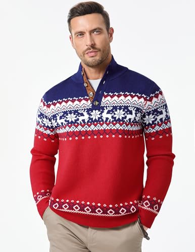 Image of JMIERR Men's Cable Knit Pullover Sweater Casual Long Sleeve Stand Collar Button Knitted Sweaters