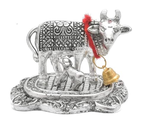 Estatua metálica decorativa de vaca Kamdhenu y Bal Gopal Krishna plateada 2.5 in miniatura 2