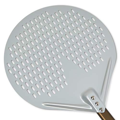 CRUCIALTREATS Perforated Pizza Peel - Round Shape Aluminum Metal Pizza Peel and Easy to Install Handle, Perfect Pizza Turning Peel for Baking (14" Peel w/ 14" Handle)