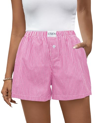 Image of LOMON Boxer Shorts for Women Summer Gingham Pajamas 2026 Lounge Sleep Pj Plaid Shorts Y2K Beach Bottoms with Pockets