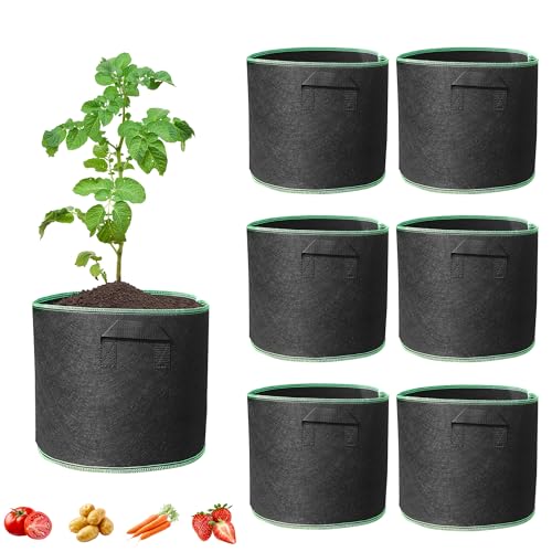 SZWLJ Paquete de 6 macetas Transpirables Negras de 12L con Bordes Verdes | Diseño Cosido Resistente para Invernadero y Plantas Grandes al Aire Libre - Ideal para cebollas de Primavera, Fresas y Camas