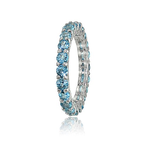 Ice Gems Sterling Silver Swiss Blue Topaz 3Mm Round-Cut Eternity Band Ring, Size 7 #TOP1