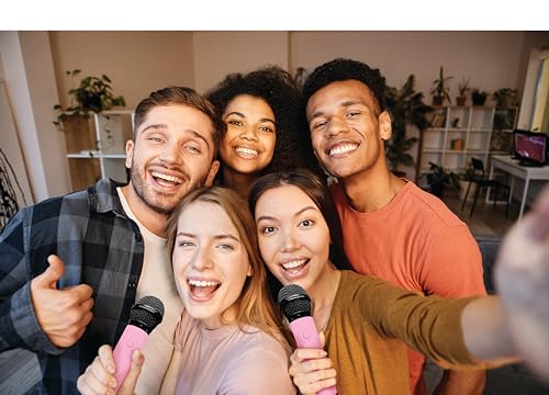 Karaoke Machine with Two Wireless Mics: Portable Bluetooth PA Speaker System Supports TF Card, FM Radio, 6-Hour Battery Life, Bass, Volume Control, Engaging Sing-Alongs, for Children and Adults (Pink) - Thumbnail 4